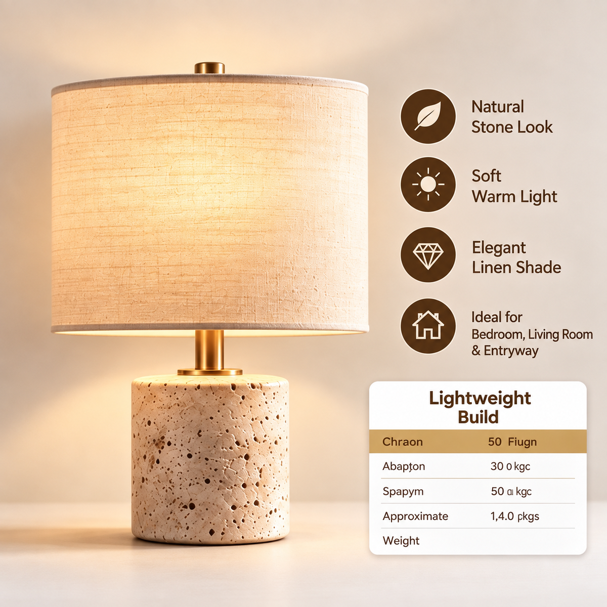 pinjamen™ Cove™ Travertine Table Lamp – Natural Stone-Look Base, Linen Drum Shade Bedside Lamp