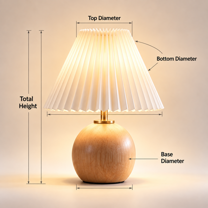 pinjamen™ Noma™ Pleated Table Lamp – Scandinavian Wood Bedside Lamp with Fabric Shade, Japandi Nightstand Light