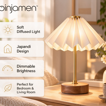 pinjamen™ Origami™ Modern Pleated Table Lamp – Japanese-Inspired Folded Shade, Minimalist LED Bedside Reading Light