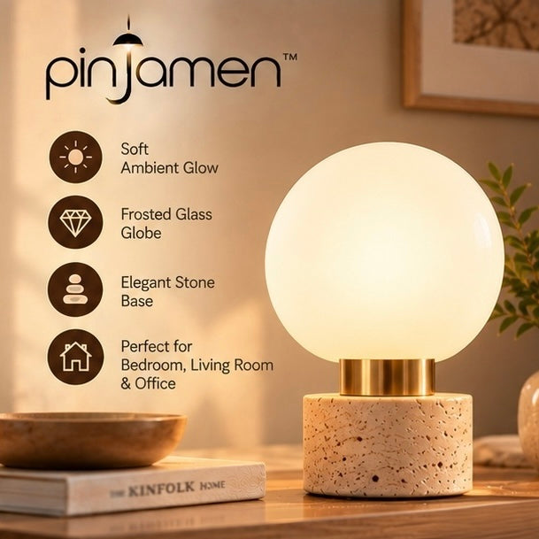 pinjamen™ HaloGlow™ Modern Glass Globe Table Lamp – Frosted Globe Bedside Light with Brass & Stone Base