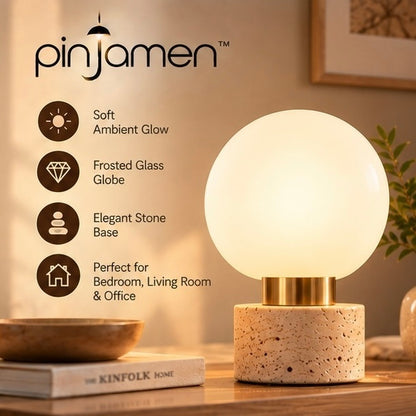 pinjamen™ HaloGlow™ Modern Glass Globe Table Lamp – Frosted Globe Bedside Light with Brass & Stone Base