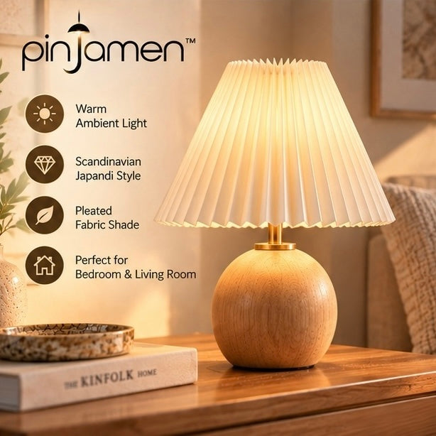 pinjamen™ Noma™ Pleated Table Lamp – Scandinavian Wood Bedside Lamp with Fabric Shade, Japandi Nightstand Light