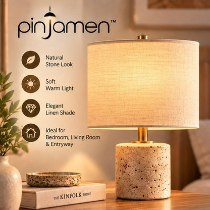pinjamen™ Cove™ Travertine Table Lamp – Natural Stone-Look Base, Linen Drum Shade Bedside Lamp