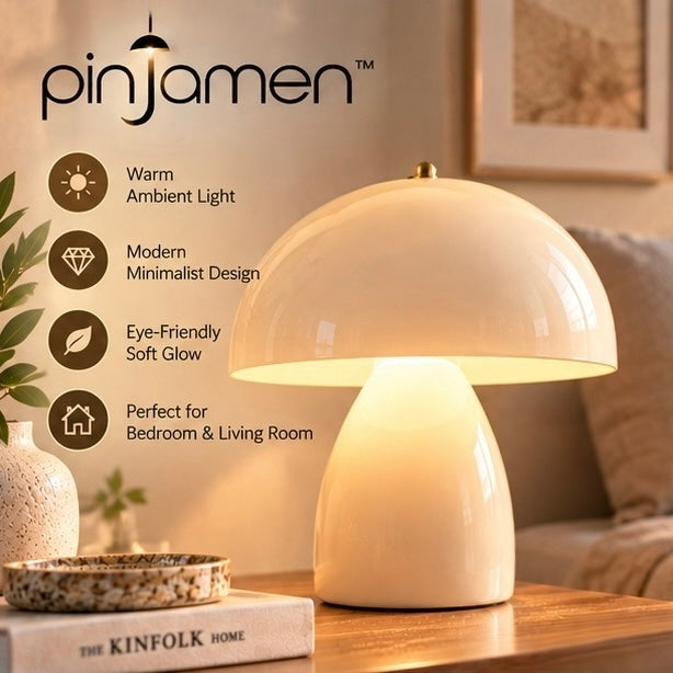 pinjamen™ Elara™ Modern Mushroom LED Table Lamp – Minimalist Dome Bedside Lamp, Warm Ambient Nightstand Light