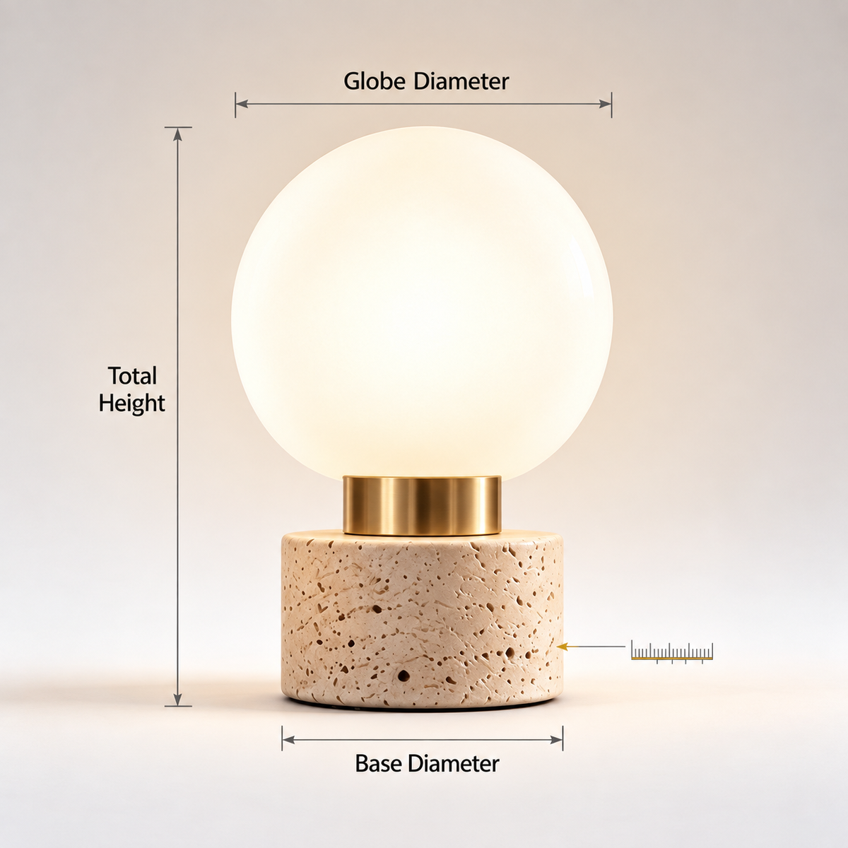 pinjamen™ HaloGlow™ Modern Glass Globe Table Lamp – Frosted Globe Bedside Light with Brass & Stone Base