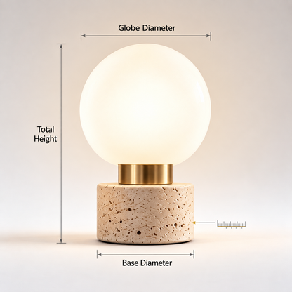 pinjamen™ HaloGlow™ Modern Glass Globe Table Lamp – Frosted Globe Bedside Light with Brass & Stone Base