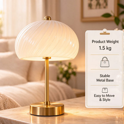 pinjamen™ Velora™ Ribbed Glass Mushroom Table Lamp – Vintage-Inspired Decorative LED Bedside Night Light & Accent Lamp