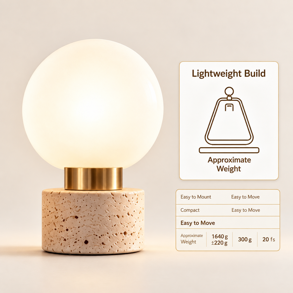 pinjamen™ HaloGlow™ Modern Glass Globe Table Lamp – Frosted Globe Bedside Light with Brass & Stone Base
