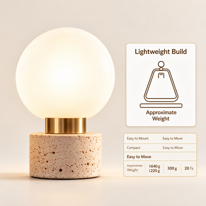 pinjamen™ HaloGlow™ Modern Glass Globe Table Lamp – Frosted Globe Bedside Light with Brass & Stone Base