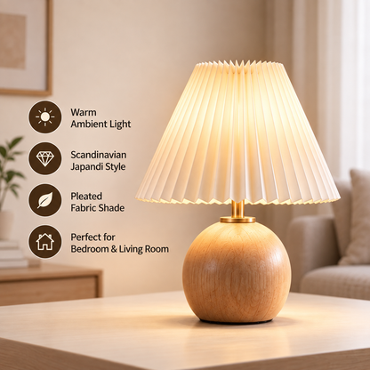 pinjamen™ Noma™ Pleated Table Lamp – Scandinavian Wood Bedside Lamp with Fabric Shade, Japandi Nightstand Light