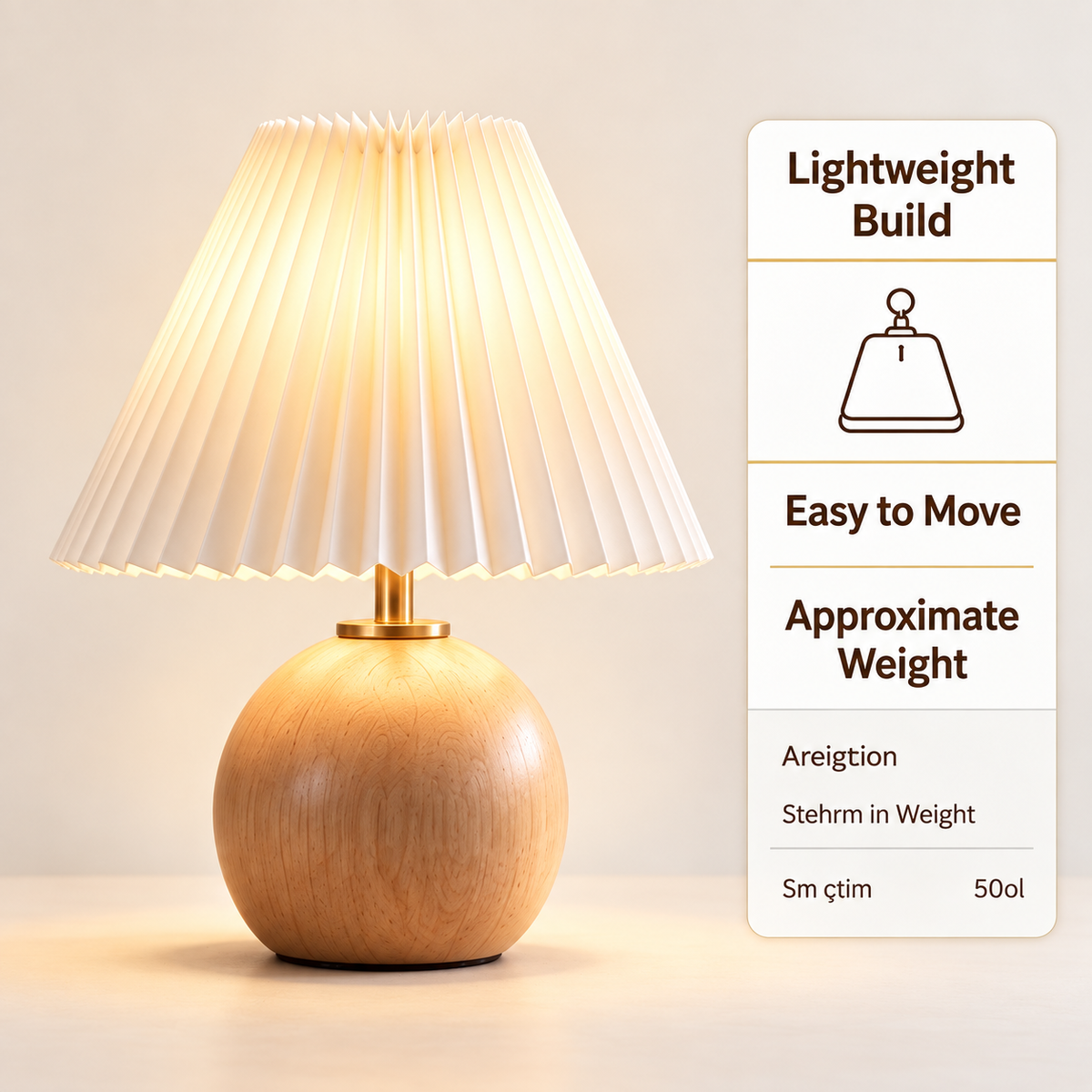 pinjamen™ Noma™ Pleated Table Lamp – Scandinavian Wood Bedside Lamp with Fabric Shade, Japandi Nightstand Light