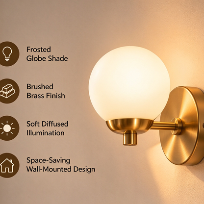 pinjamen™ Atelier™ Modern Globe Wall Sconce – Frosted Glass & Brushed Brass Wall Light for Bedroom & Vanity