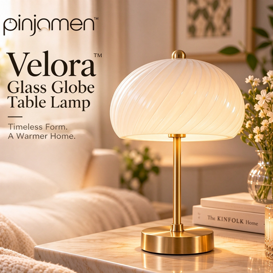 pinjamen™ Velora™ Ribbed Glass Mushroom Table Lamp – Vintage-Inspired Decorative LED Bedside Night Light & Accent Lamp
