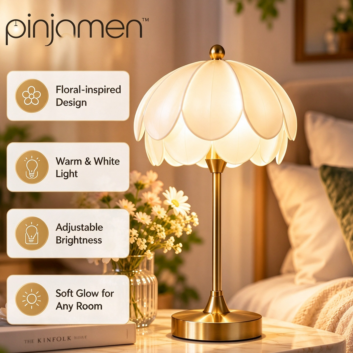pinjamen™ Petalia™ Flower Petal LED Table Lamp – Vintage-Inspired Floral Bedside Night Light & Dimmable Reading Lamp