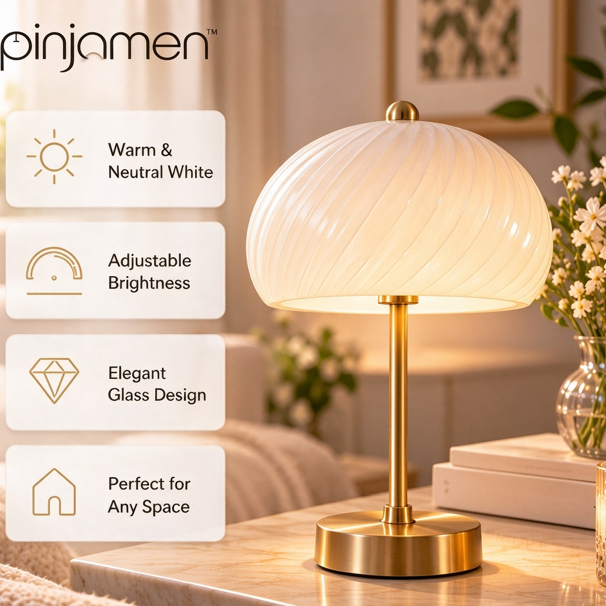 pinjamen™ Velora™ Ribbed Glass Mushroom Table Lamp – Vintage-Inspired Decorative LED Bedside Night Light & Accent Lamp