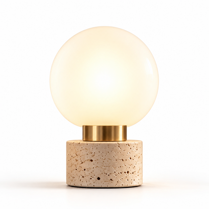 pinjamen™ HaloGlow™ Modern Glass Globe Table Lamp – Frosted Globe Bedside Light with Brass & Stone Base