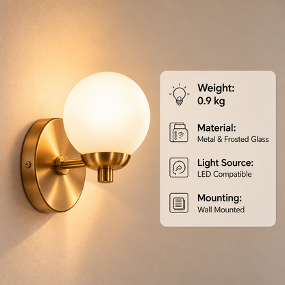 pinjamen™ Atelier™ Modern Globe Wall Sconce – Frosted Glass & Brushed Brass Wall Light for Bedroom & Vanity