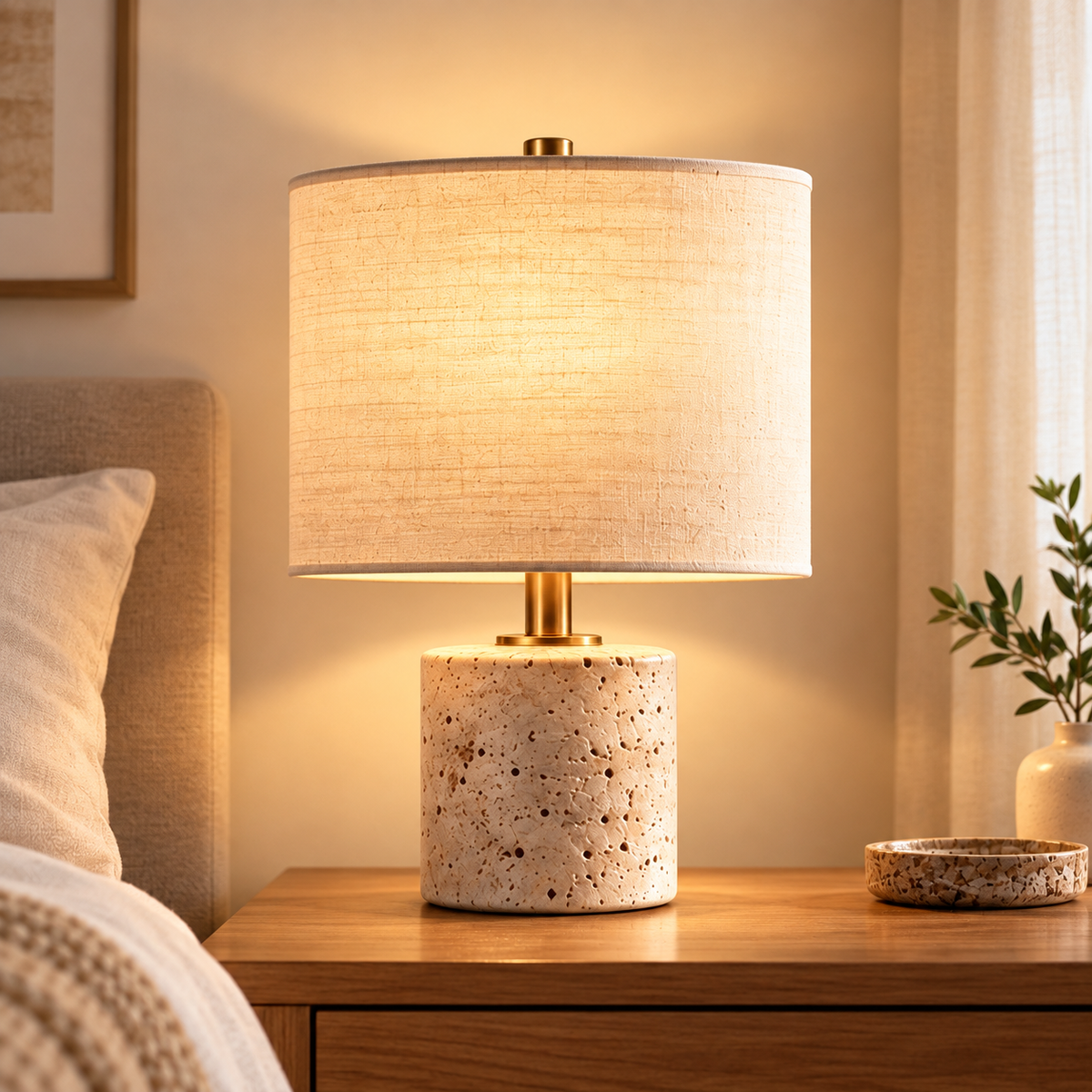 pinjamen™ Cove™ Travertine Table Lamp – Natural Stone-Look Base, Linen Drum Shade Bedside Lamp