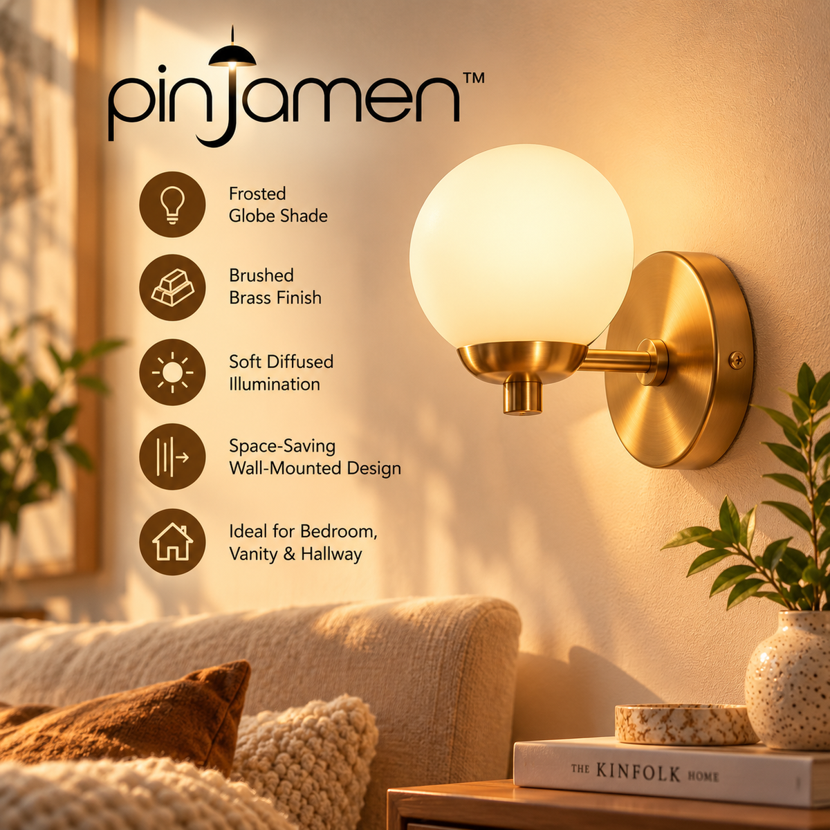 pinjamen™ Atelier™ Modern Globe Wall Sconce – Frosted Glass & Brushed Brass Wall Light for Bedroom & Vanity