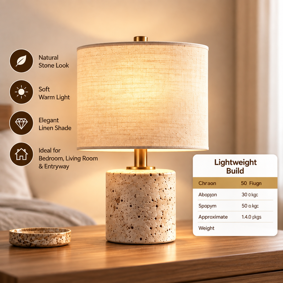 pinjamen™ Cove™ Travertine Table Lamp – Natural Stone-Look Base, Linen Drum Shade Bedside Lamp