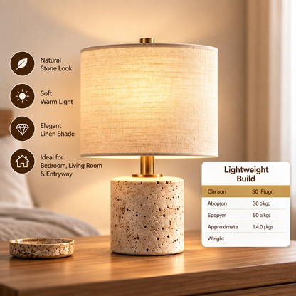 pinjamen™ Cove™ Travertine Table Lamp – Natural Stone-Look Base, Linen Drum Shade Bedside Lamp