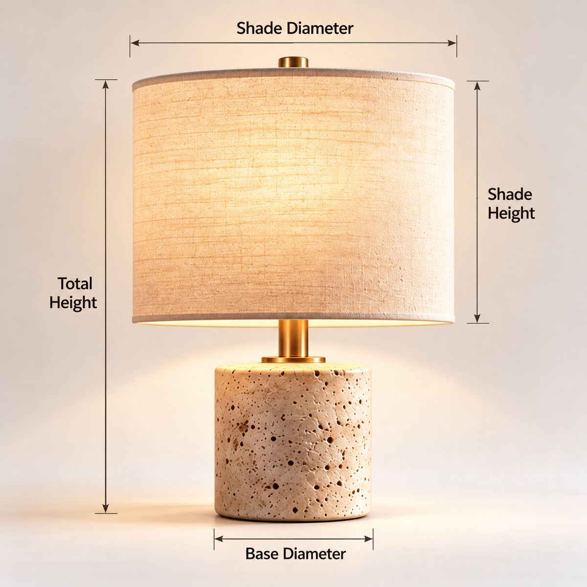 pinjamen™ Cove™ Travertine Table Lamp – Natural Stone-Look Base, Linen Drum Shade Bedside Lamp