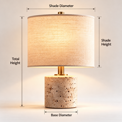 pinjamen™ Cove™ Travertine Table Lamp – Natural Stone-Look Base, Linen Drum Shade Bedside Lamp