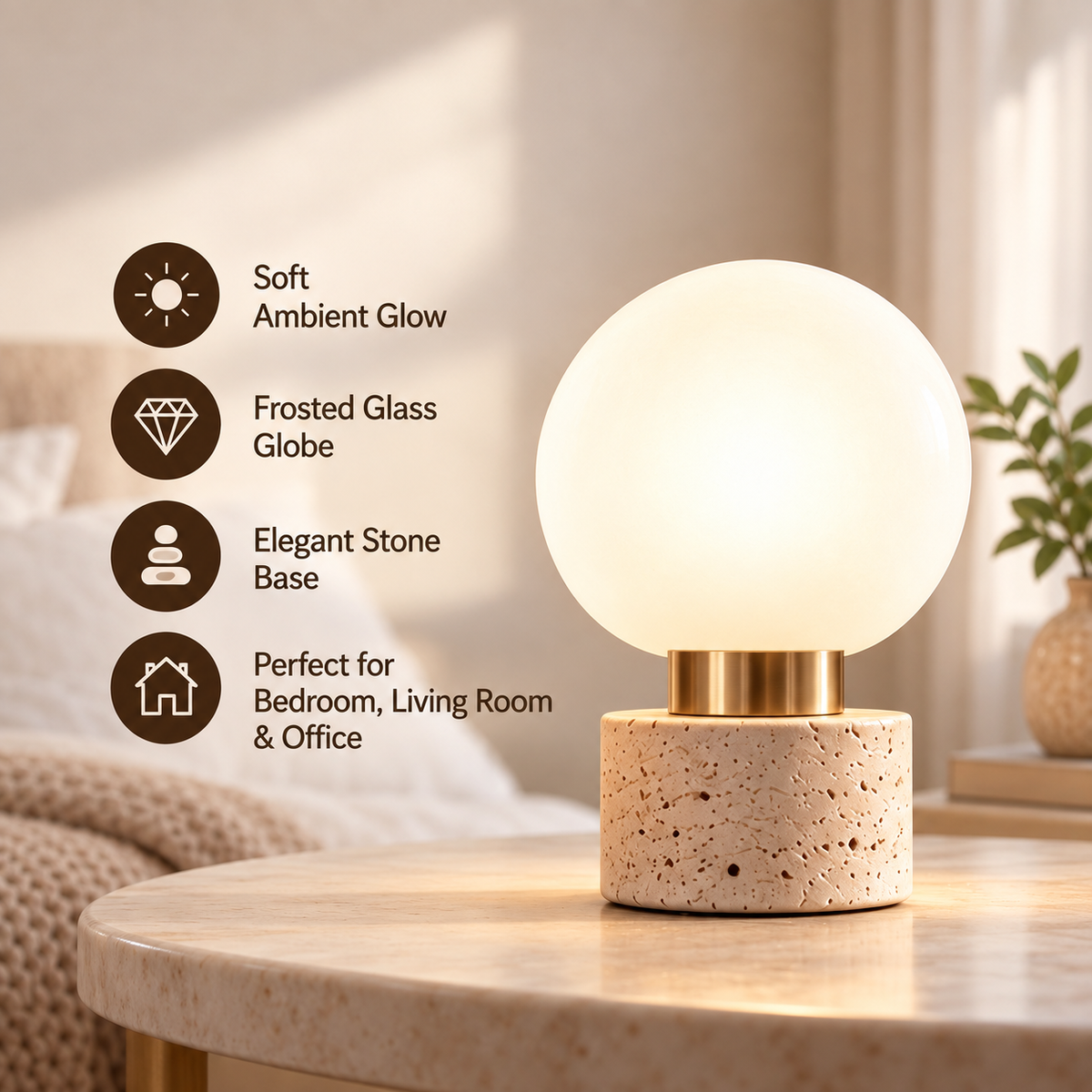 pinjamen™ HaloGlow™ Modern Glass Globe Table Lamp – Frosted Globe Bedside Light with Brass & Stone Base